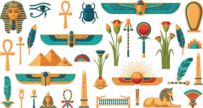 Ancient Egyptian Symbols and Decorative Elements Vector Set with Pharaoh, Ankh, Eye of Horus, Pyramids, and Mythology Icons for History and Culture Designs