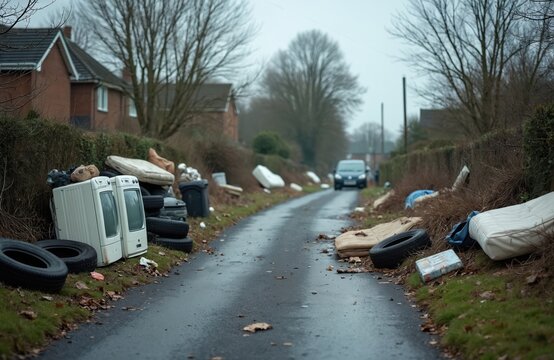 Illegal dumping pollutes quiet country lane. Old mattresses, tires, appliances clutter roadside. A car passes scene of environmental neglect.
