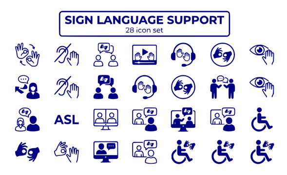 Sign Language Support Interpreter ASL Deaf Accessibility Video Services Communication Visual BSL ISL Captions Hearing Impaired Gesture Hands Vector Icon Set - Sign Language