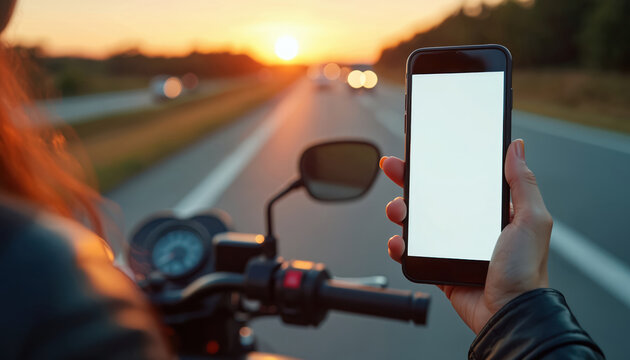 Woman on motorbike uses phone with blank screen on highway at sunset. Driver checks GPS navigation for trip. Passenger communicates via mobile device.