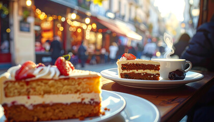 Cafe cakes two slices with berries and coffee, street bokeh backdrop