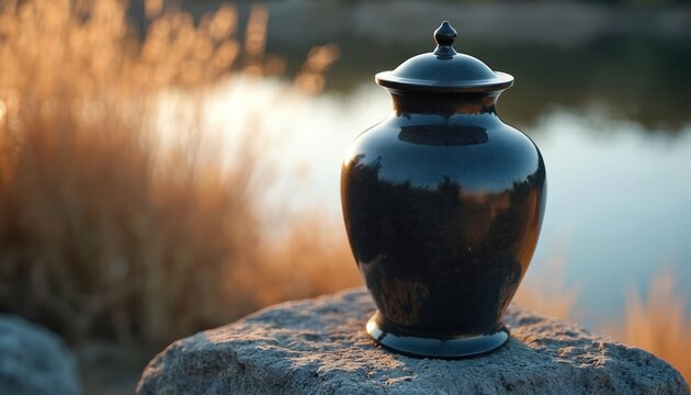 Dark cremation urn for ashes sits on stone near water. Blurred dry grass and warm light create peaceful outdoor setting. Final resting place urn symbolizes remembrance and eternal love.