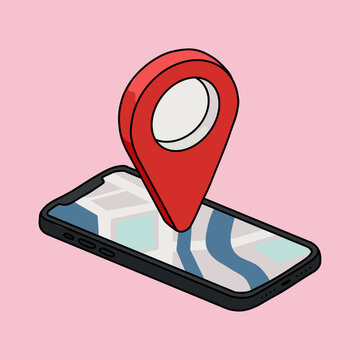 3d Style Vector Map Pin Location Icon Mark on Smartphone Isolated on Pink Background. Travel Destination Design Concept for Technology Applied to Navigation and Direction