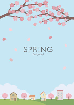 春の背景イラスト　桜と花びらと家のイラスト　バナー