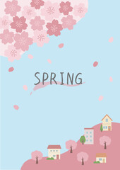 春の背景イラスト　桜と花びらと家のイラスト　バナー