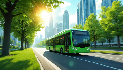 Obraz premium Green public bus drives on city street past trees and skyscrapers. Modern bus travels on road in urban landscape during daylight. Eco-friendly transit system provides sustainable city transport.