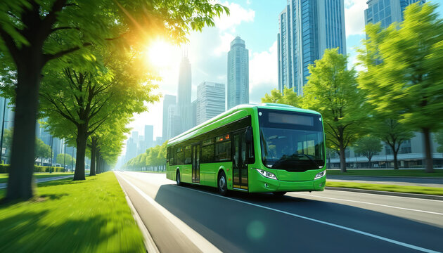 Green public bus drives on city street past trees and skyscrapers. Modern bus travels on road in urban landscape during daylight. Eco-friendly transit system provides sustainable city transport.