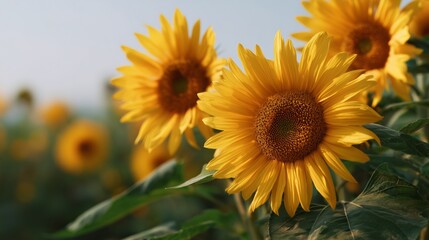 Obraz premium Blooming sunflowers in a vibrant field against a clear sky