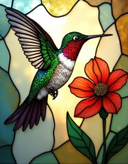 Obraz premium Hummingbird flies near red flower. Colorful stained glass art panel shows small bird with green and red feathers. Intricate detail in floral design.