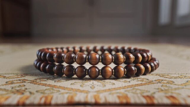 Wooden prayer beads resting on a patterned rug with soft lighting rosary mala