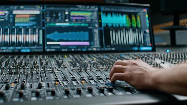 Medium shot of audio specialist using mixing console with visual signal analyzers illustrating realtime conversion of analog sound to digital data streams.