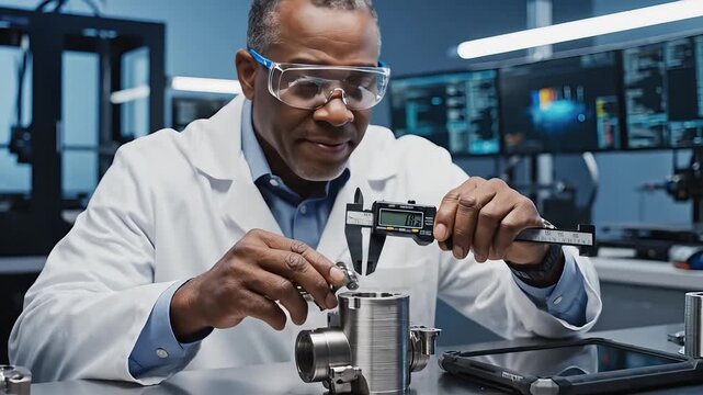 A focused African American male scientist, wearing a lab coat and safety goggles, meticulously measures a metal component with digital calipers in a modern laboratory.