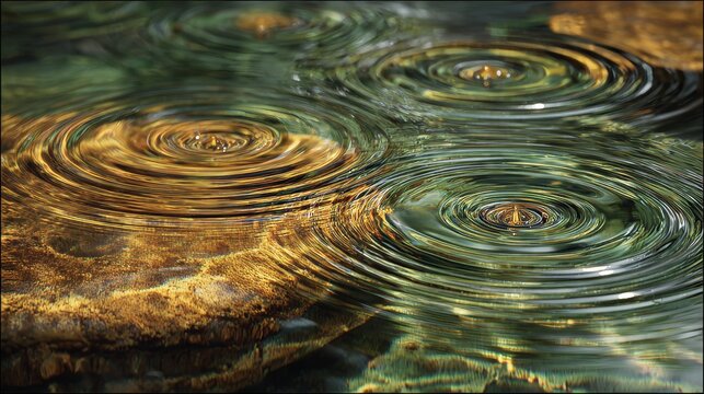 Close-up of water's surface featuring concentric ripples, reflecting golden and green light with a stone base