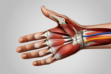 Amyotrophic Lateral Sclerosis Anatomical illustration of human hand muscles bones and blood vessels