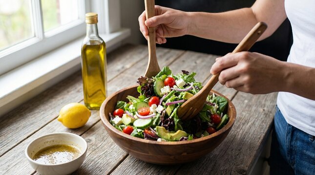 Hands tossing fresh salad in rustic kitchen by window, healthy meal prep with olive oil and lemon, clean eating mood for summer picnic and Mothers Day