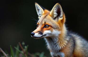 Obraz premium Close up portrait of a wild red fox. This curious mammal has bright orange fur and watchful amber eyes. Fox looks alert in natural woodland habitat. Its ears are perked up.