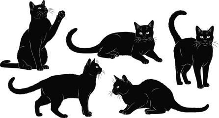 Black cat silhouette set showing playful feline poses, sitting, walking and stretching, cute pet illustration isolated on white background for design and decoration use © Rishad