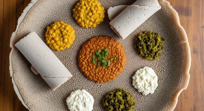 Traditional Ethiopian feast featuring spongy teff injera bread topped with spicy red lentil stew (Misir Wat), yellow split peas, and saut&eacute;ed greens.