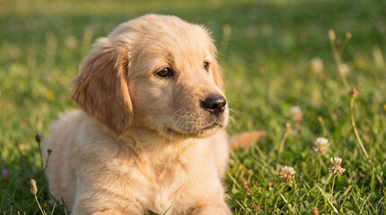 Cute Golden Retriever puppy lying on grass in park showing innocence
