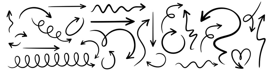 Arrows doodle icons of curved lines, vector direction points, and pointer design elements. Doodle arrows icons set of abstract twist spiral and round direction lines