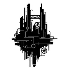 Obraz premium Abstract industrial city silhouette with gears and pipes isolated on white.