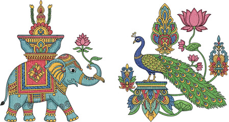 Indian elephant and peacock vector illustration with traditional ornaments and floral motifs on transparent art © MDMUKTADIR