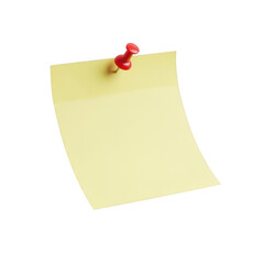 A bright yellow sticky note pinned with a red paperclip on a plain isolated on transparent background