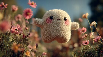 Fluffy White Creature Floating in a Field of Pink Flowers cute character