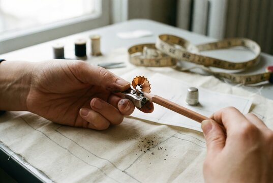 A person sharpens a pencil using a sharpener while working on a sewing project. Various sewing materials like fabric and spools are on the table