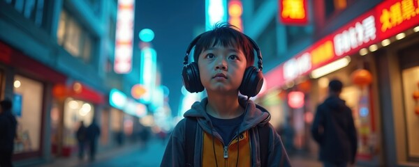 Obraz premium Young asian boy wears headphones walks down bright neon city street. Child enjoys music or audiobook on urban night adventure. He looks up thoughtfully absorbing atmosphere.