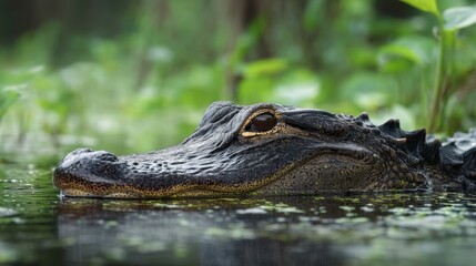 Obraz premium Close-Up of Alligator Eying Its Surroundings in a Calm Wetland Environment with Lush Greenery in the Background