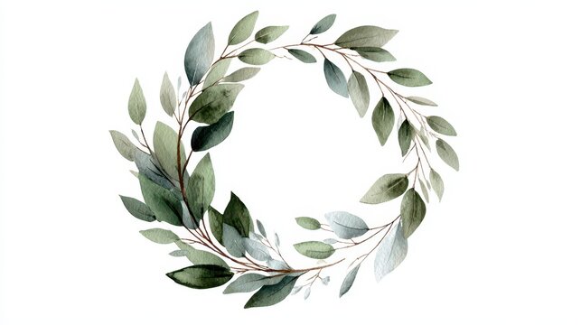 Hand-painted watercolor wreath of eucalyptus leaves and twigs in gentle greens