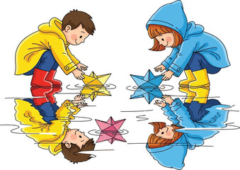 Two cheerful children in raincoats and boots playing with paper boats in a puddle on rainy day