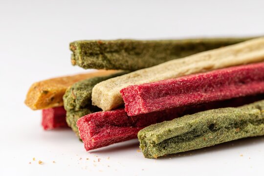 Healthy baked veggie snack featuring tomato, spinach and potato sticks on bright white surface