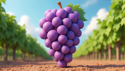 Fototapeta premium Vibrant 3D cartoon bunch of ripe purple grapes stands prominently in vineyard under clear blue sky. Rows of green grapevines stretch into distance, suggesting bountiful harvest, healthy agriculture.