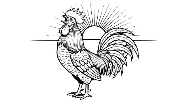 Black and white line art illustration of a crowing rooster.