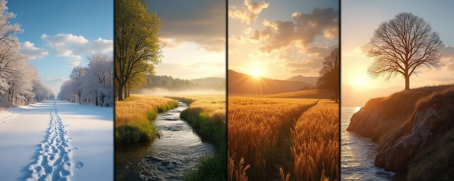 Collage shows nature through winter snow path, spring stream through field, summer wheat field sunset, autumn tree on cliff. Cycle of nature.