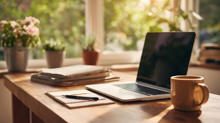 Home office desk with laptop showing Out of Office message and vacation mood