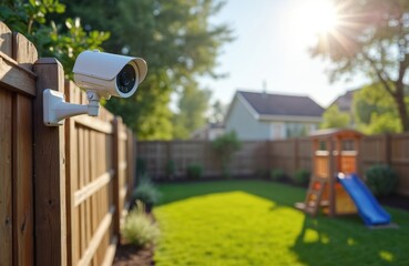 White security camera mounted on wooden fence overlooks green lawn and backyard playset. Sunny day, trees, houses in background. Home protection system.