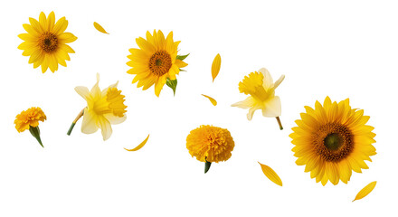 Flying yellow flowers PNG. Sunflowers and daffodils falling down isolated. Organic yellow bloom top view flat lay PNG. Fresh spring floral levitation concept isolated. Mixed garden plant heads PNG © Divid