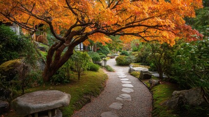 Serenity in Autumn: A Tranquil Path Through a Japanese Garden with Vibrant Orange Maple Trees and Lush Greenery