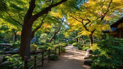 Serene Autumn Pathway Through Lush Green Trees in Tranquil Japanese Garden with Colorful Foliage and Sunlight