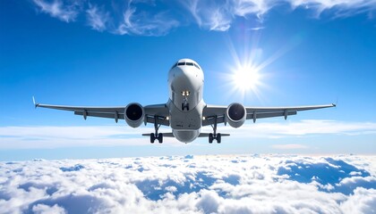 Obraz premium A large, white aircraft ascends through a vibrant blue sky, bathed in sunlight, above a sea of fluffy white clouds