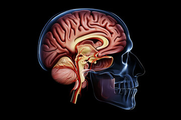 Amyotrophic Lateral Sclerosis Human brain sagittal view with cerebellum and blood vessels
