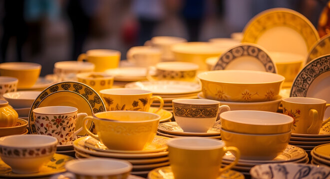 Assorted yellow ceramic tableware arranged neatly on display, warm and inviting with soft lighting