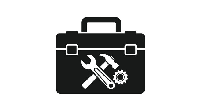 A black silhouette of an open toolbox with tools inside