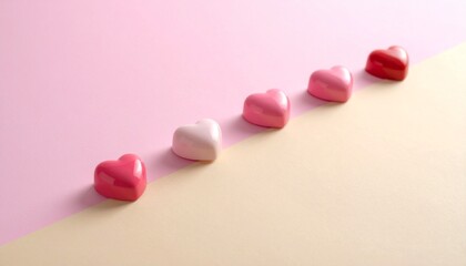 Six small 3D heart-shaped objects in shades of red, pink, and white arranged in a gently curved line on a pastel surface transitioning from light pink to cream, under soft lighting.