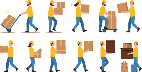 Delivery Worker Character Vector Set with Courier Handling Packages, Carrying Boxes, and Logistics Shipping Activities in Flat Illustration Style © MDRahamat
