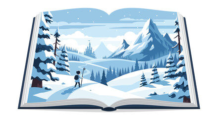 Fototapeta premium An open book reveals a serene winter landscape with a lone traveler