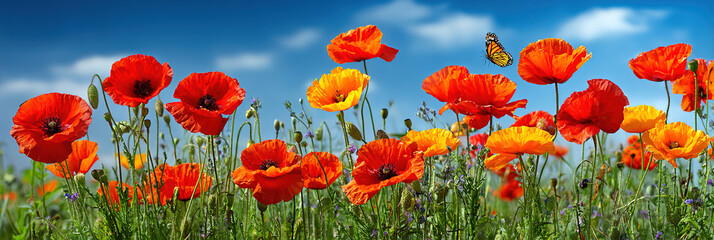 Obraz premium View of a meadow filled with colorful poppies and a butterfly flying above them on a sunny spring day